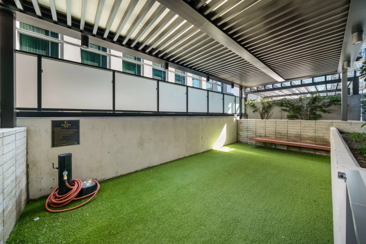 Covered pet run with artificial turf, bench seating, and concrete walls.