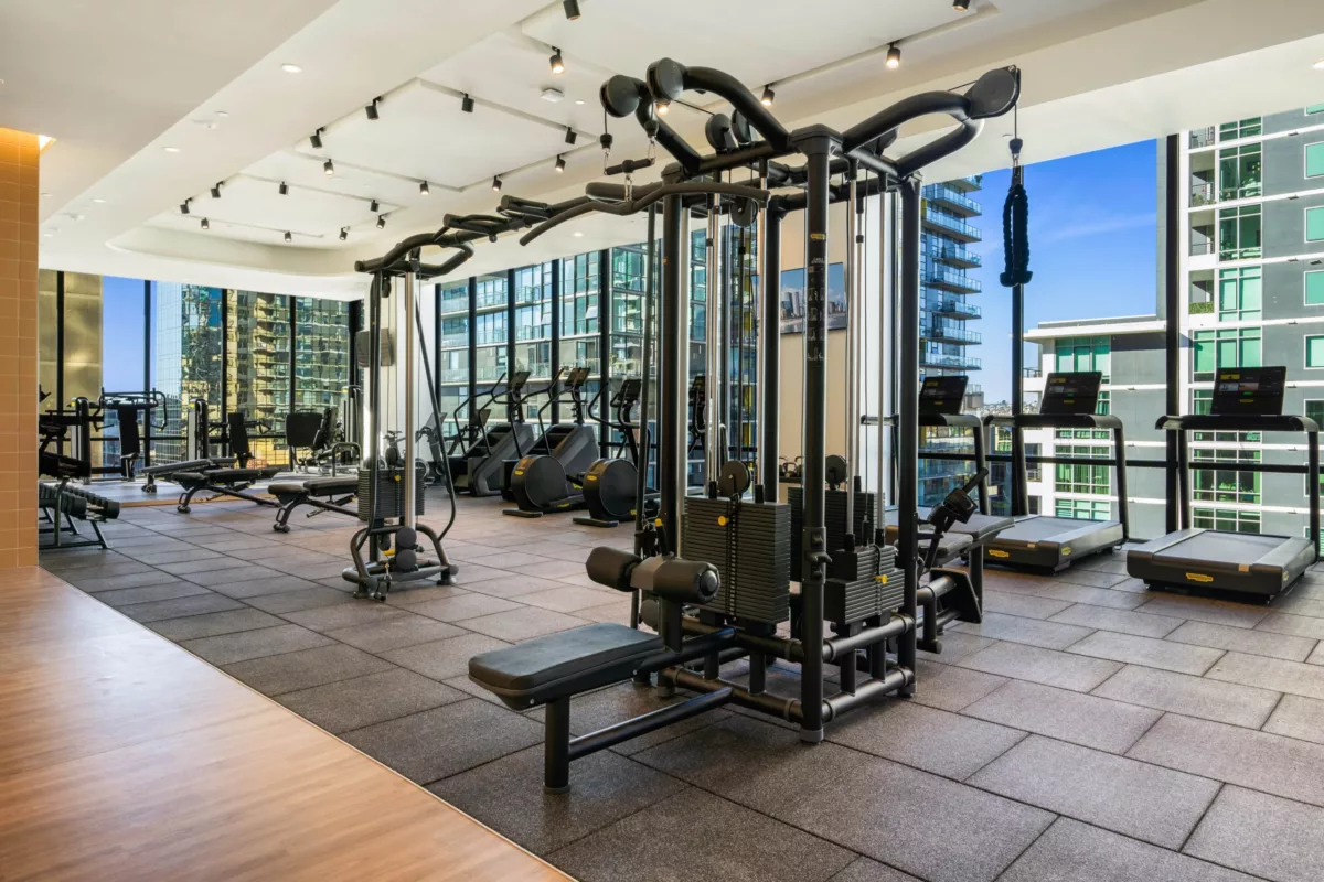 Spacious gym with treadmills, weight machines, and floor-to-ceiling windows overlooking the city.