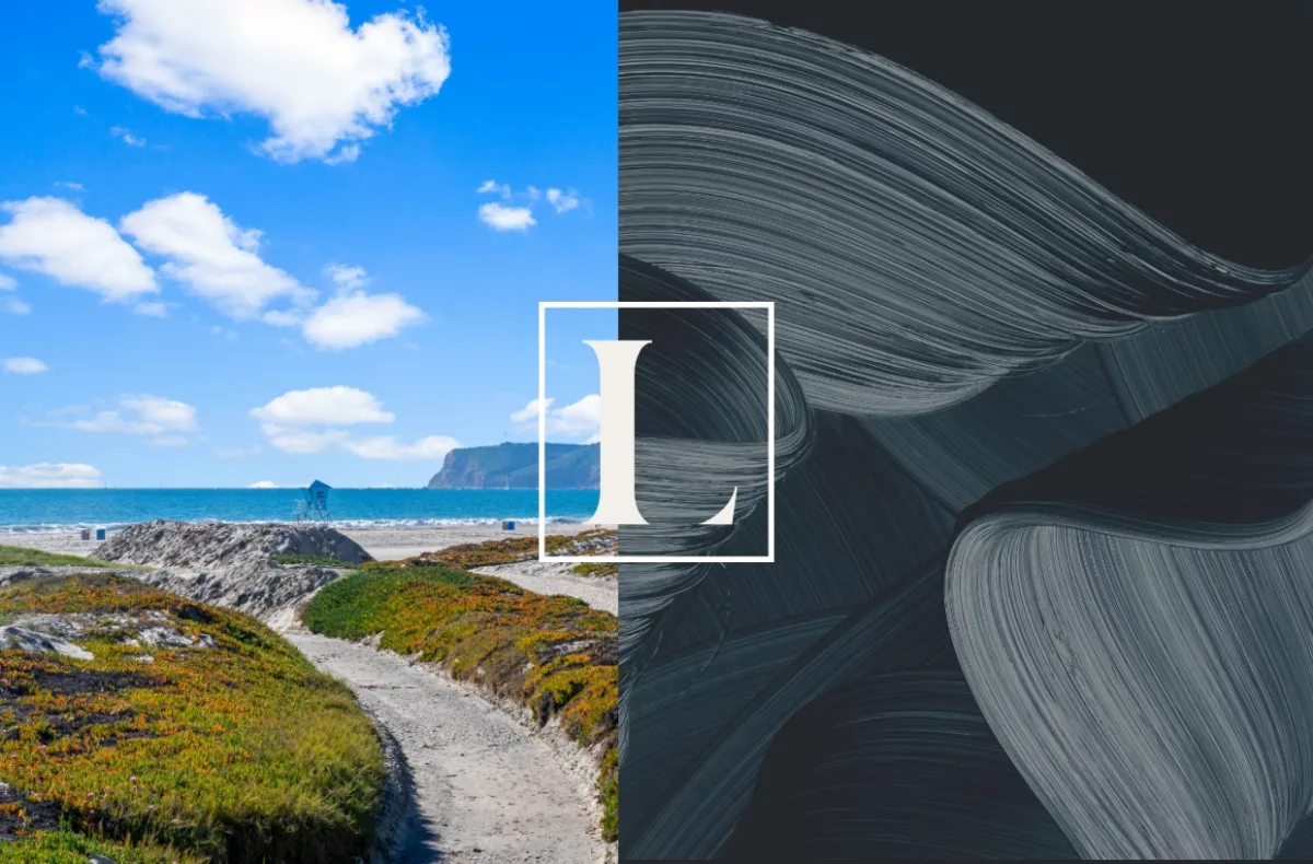 Image of beach combined with logo and wave pattern