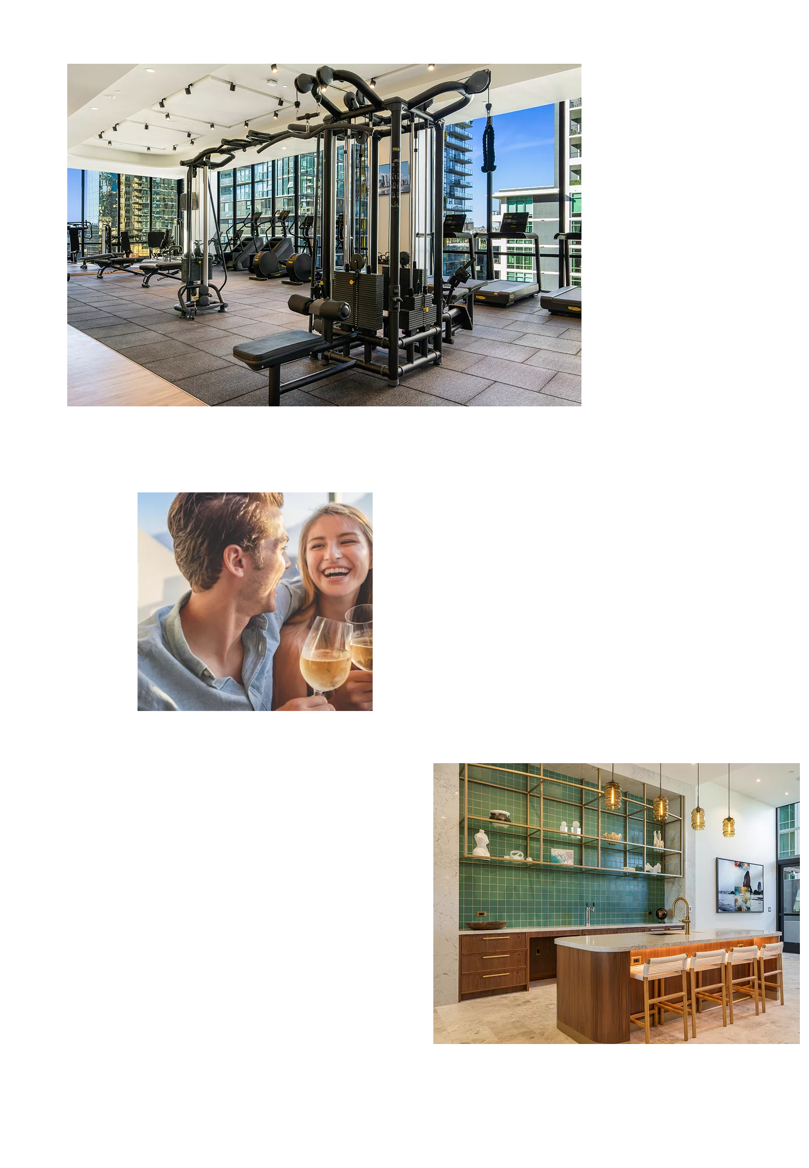 Collage featuring a modern gym with city views, a smiling couple enjoying drinks, and a contemporary kitchen with a green tile backsplash and wood accents.